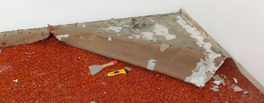 Roter Teppich, der mit Teppichmesser und Spachtel entfernt wird